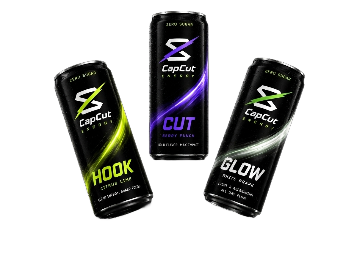 CapCut Energy three cans — HOOK, CUT, GLOW flavors